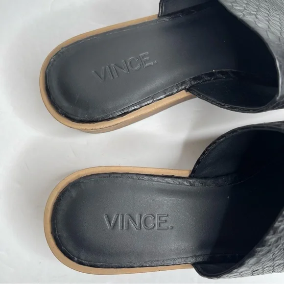 Vince Saskia Black Leather Snake Embossed Slide Flatform Sandal Size 8M Comfort - Picture 11 of 17